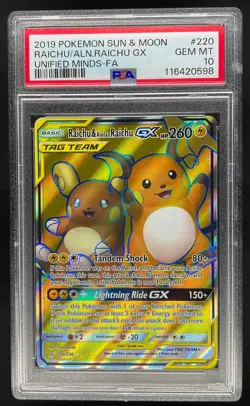2019 Pokemon S&M Unified Minds Raichu Alolan Tag Team FA PSA 10 Gem Mint #220 - Image 1