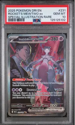 2025 POKEMON DESTINED RIVALS SPECIAL ILLUSTRATION TEAM ROCKET'S MEWTWO EX PSA 10 - Image 1
