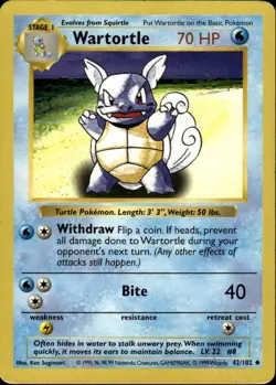 Wartortle Uncommon Base Set Shadowless 042/102 Water Unlimited Pokemon Card - Image 1