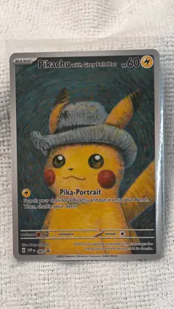 Pokemon art card Pikachu with grey felt hat portrait - Image 1