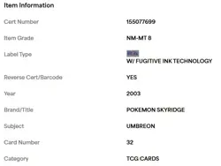 PSA 8 - 2003 Pokemon Skyridge Collection Set Umbreon #32/144 - Image 3