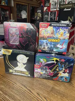 POKEMON LOT OF 4 MEGA EVO ETB BASE TEAM ROCKET TIN MEGA EVO COLLECTOR CHEST + 1 - Image 1