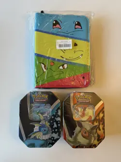 Pokemon TCG Eevee Evolutions Tin 2021 NEW [Vaporeon & Flareon] + Card Binder - Image 1