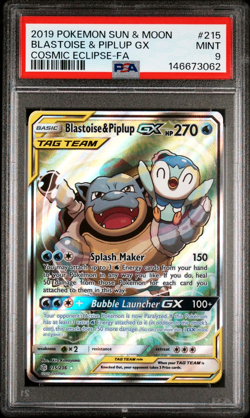 Pokemon Card PSA 9 Blastoise & Piplup GX 215/236 Cosmic Eclipse - Image 1