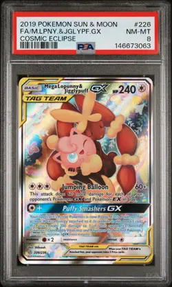 Pokemon Card PSA 8 Mega Lopunny & Jigglypuff GX 226/236 Cosmic Eclipse - Image 1