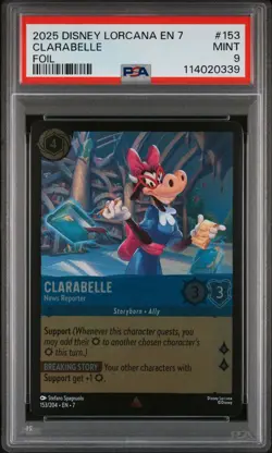 2025 DISNEY LORCANA EN 7-ARCHAZIA'S ISLAND FOIL CLARABELLE NEWS REPORTER PSA 9 - Image 1