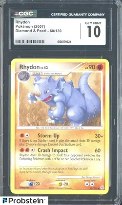 2007 Pokemon Diamond & Pearl 60/130 Rhydon CGC 10 Gem Mint - Image 1