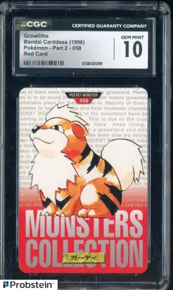 1996 VINTAGE Pokemon Bandai Carddass Red Card Growlithe CGC 10 GEM MINT - Image 1