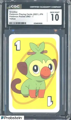 2021 Pokemon Japanese Playing Cards Pocket UNO 1 Yellow Grookey CGC 10 Gem Mint - Image 1