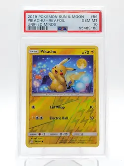 PIKACHU 2019 POKEMON SUN & MOON UNIFIED MINDS REVERSE HOLO #56/236 PSA 10 Q0895 - Image 1