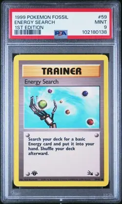 PSA 9 TRAINER ENERGY SEARCH 59 FOSSIL 1ST EDITION POKEMON - Image 1