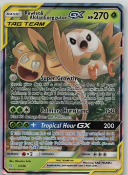 Rowlet & Alolan Exeggutor GX 1/236 Holo GX Rare Unified Minds Pokemon Near Mint - Image 1