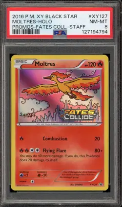 Pokemon Moltres XY Fates Collide STAFF Prerelease Holo Promo XY127 PSA 8 - Image 1