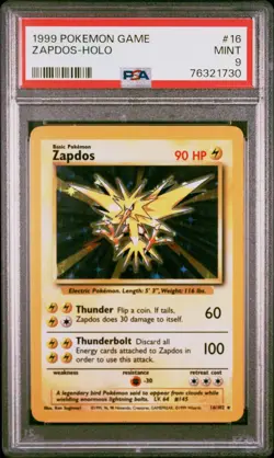 PSA 9 MINT Zapdos 16/102 Base Set HOLO RARE Pokemon Card - Image 1