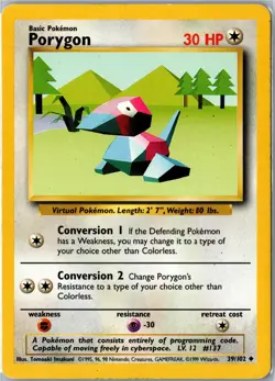 Pokemon Card - Porygon 39/102 Base Set Unlimited Uncommon Heavily Played - Image 1