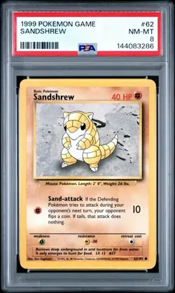 1999 Pokemon Game #62 SANDSHREW WOTC Unlimited Base Set 62/102 PSA 8 - Image 1