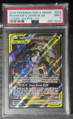 2019 Pokemon Sun & Moon Reshiram & Zekrom Gx Cosmic Eclipse Full Art #222 PSA 9 - Image 1