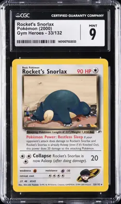 2000 POKEMON GYM HEROES #33/132 ROCKET'S SNORLAX CGC 9 - Image 1