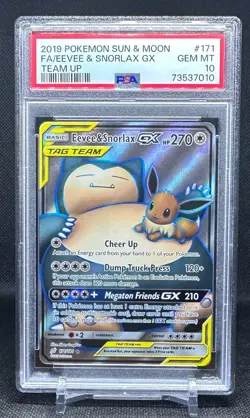 2019 POKEMON SUN & MOON TEAM UP #171 FULL ART/EEVEE & SNORLAX GX PSA 10 - Image 1