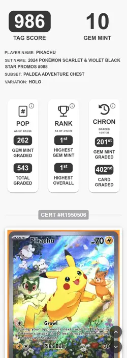 2024 Pokemon #088 Pikachu Black Star Promo TAG 10 (986) Rank 1 - Image 3