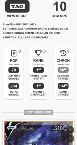 #1 RANK! TAG 10 GEM MINT Pokemon 2023 Suicune V GG38/GG70 Crown Zenith - Image 3