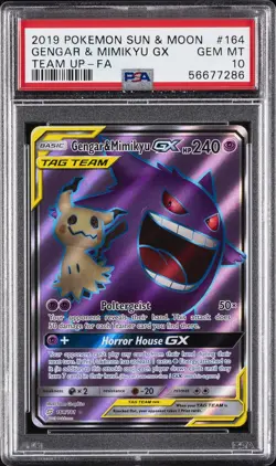 2019 POKEMON SUN & MOON TEAM UP #164 FULL ART/GENGAR & MIMIKYU GX PSA 10 - Image 1