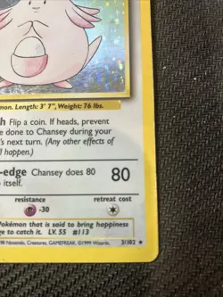 Pokemon 1999 WOTC Chansey 3/102 Holo - Mp - Image 2
