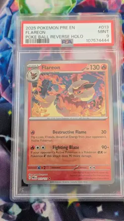 2025 POKEMON PRE EN-PRISMATIC EVOLUTIONS POKE BALL REVERSE HOLO FLAREON PSA 9 - Image 1