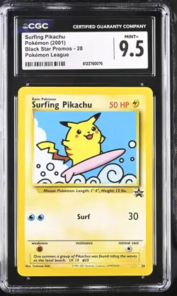 CGC 9.5 MINT+ Surfing Pikachu 28 Pokemon League Black Star Promos Pokemon Card - Image 1