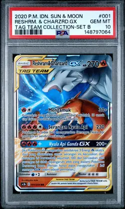 POKEMON INDONESIAN SUN & MOON TAG TEAM COLLECTION RESHIRAM & CHARIZARD GX PSA 10 - Image 1