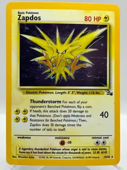 Zapdos 15/62 Fossil Base Set Corrected Holo Rare 1999 Vintage Error Pokemon Card - Image 1