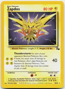 Zapdos 30/62 Rare Fossil Pokemon Unlimited Lightly Played - Image 1