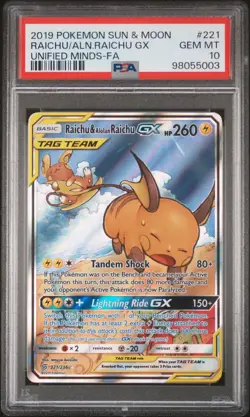 2019 POKEMON SUN & MOON UNIFIED MINDS FULL ART/RAICHU & ALOLAN RAICHU GX PSA 10 - Image 1
