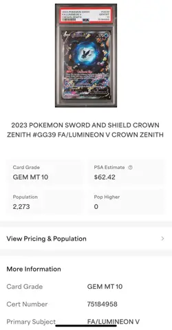 PSA 10 2023 POKEMON SWORD AND SHIELD CROWN ZENITH #GG39/GG70 LUMINEON V - Image 3