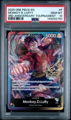 2025 ONE PIECE PROMOS P MONKEY D. LUFFY 3RD ANNIVERSARY TOURNAMENT PSA 10 - Image 1