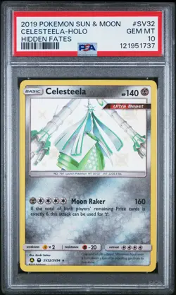 2019 POKEMON SUN & MOON HIDDEN FATES #SV32 CELESTEELA-HOLO PSA 10 - Image 1