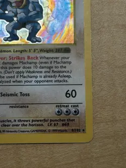 1999 Pokemon 1st Edition Machamp Shawdowless Holo 8/102 - Image 3