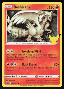 Reshiram 002/025 Rare Celebrations Pokemon Holo Lightly Played - Image 1