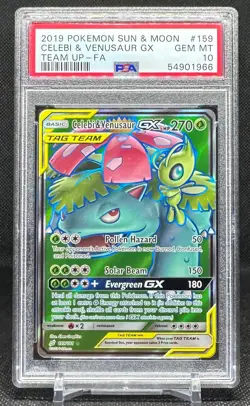 2019 POKEMON SUN & MOON TEAM UP #159 FULL ART CELEBI & VENUSAUR GX PSA 10 - Image 1