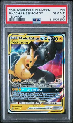 2019 POKEMON SUN & MOON TEAM UP #33 PIKACHU & ZEKROM GX PSA 10 - Image 1