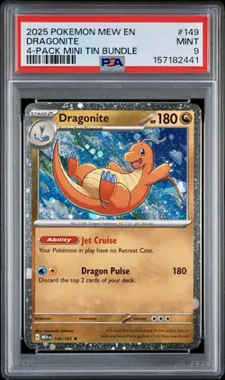 2025 Pokemon MEW EN 4-Pack Mini Tin #149 DRAGONITE COSMOS HOLO PROMO PSA 9 ! - Image 1