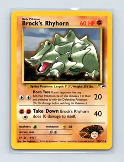 Brock's Rhyhorn 22/132 Rare Gym Heroes Pokemon Unlimited Lightly Played - Image 1