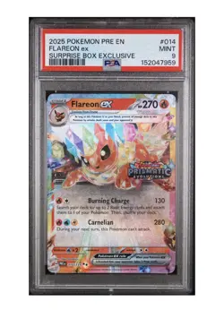 ENGLISH POKEMON PRISMATIC EVOLUTIONS STAMPED #014 FLAREON EX SURPRISE BOX PSA 9 - Image 1