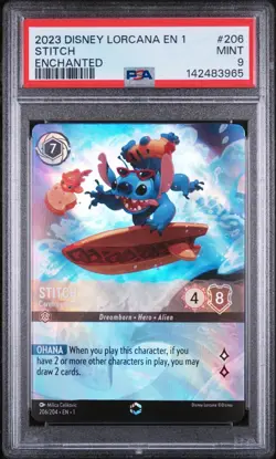 2023 DISNEY LORCANA EN 1-THE FIRST CHAPTER #206 STITCH - CAREFREE SURFER PSA 9 - Image 1