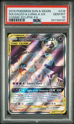 2019 POKEMON SUN & MOON COSMIC ECLIPSE #216 FULL ART/SOLGALEO & LUNALA GX PSA 10 - Image 1