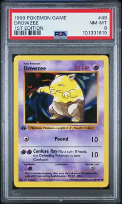 PSA 8 - Pokemon Card - Base 49/102 - DROWZEE (common) *1st Edition* - NM-MT - Image 1