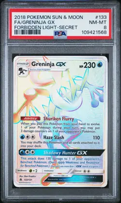 2018 POKEMON SUN & MOON FORBIDDEN LIGHT SECRET #133 FULL ART/GRENINJA GX PSA 8 - Image 1