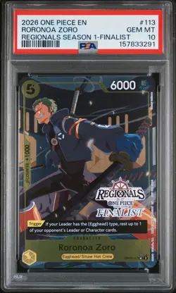 2026 ONE PIECE REGIONALS PACK 2026 SEASON 1 FINALIST #113 RORONOA ZORO PSA 10 - Image 1