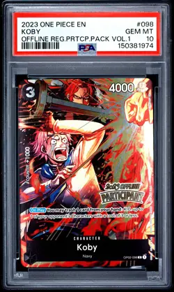 2023 ONE PIECE PROMOS OFFLINE REGIONAL PARTICIPATION PACK VOL.1 #098 KOBY PSA 10 - Image 1