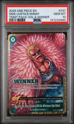 2025 ONE PIECE TOURNAMENT PACK VOL.4 WINNER #037 SIDE/JUSTICE/WINS!! PSA 10 - Image 1